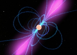 Un pulsar avec ses ligne de champ magnétique et ses émision